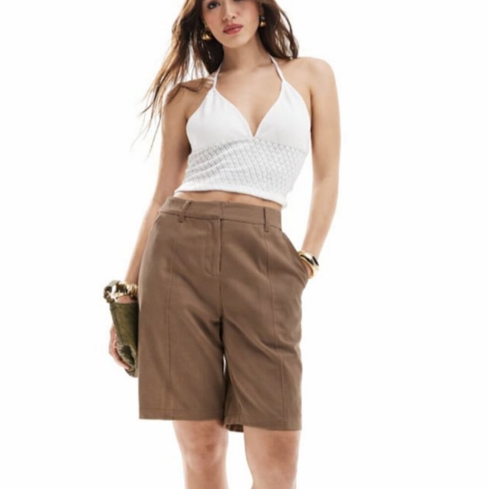 NWT 4th + Reckless Women Tailored Cotton Bermuda City Shorts Brown Olive M